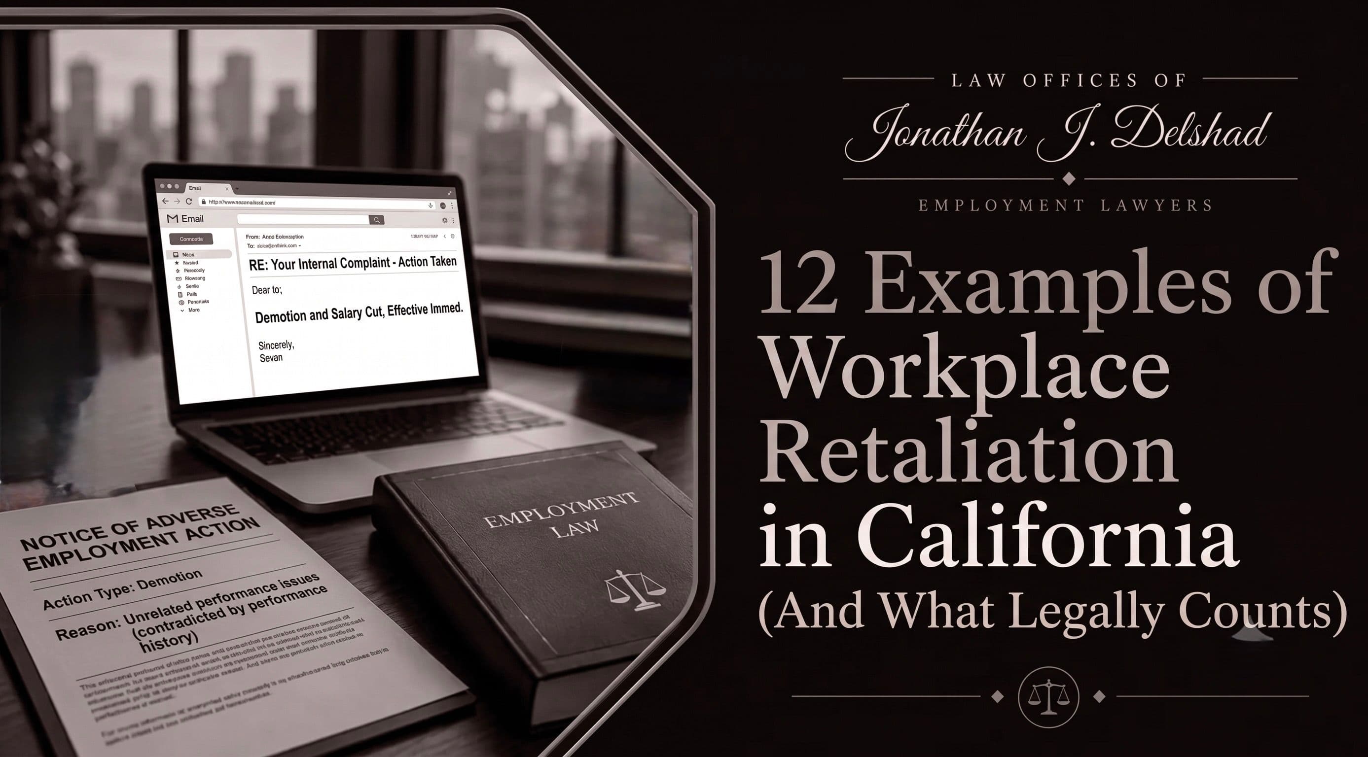 A demotion notice and an internal-complaint email beside a California employment law book, illustrating workplace retaliation after an employee speaks up.