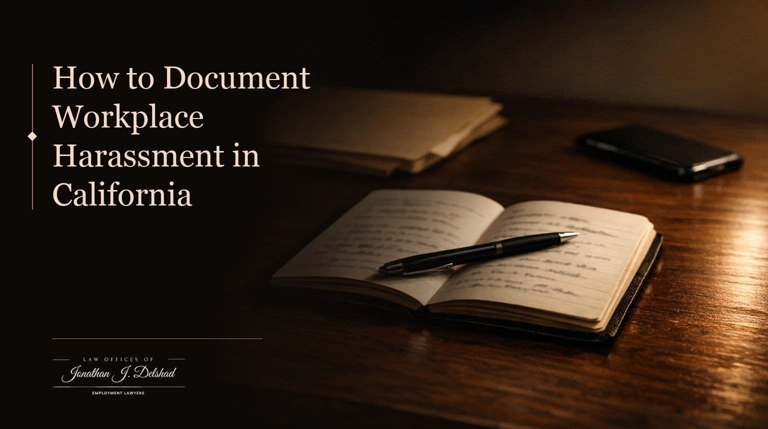 How to Document Workplace Harassment in California — Law Offices of Jonathan J. Delshad. An open pocket notebook of handwritten dated notes with a pen across it, beside a manila folder on a dark walnut desk in warm lamplight.